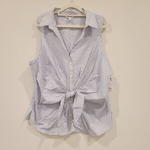 Nine West Pin Stripe Knot Front Button Down Collared Tank Blouse